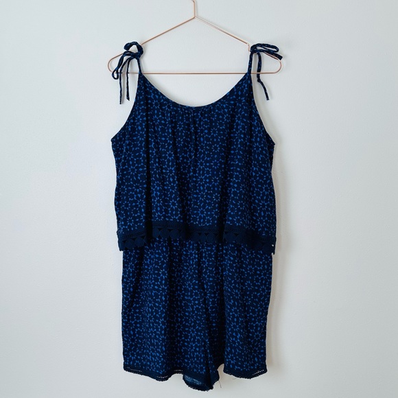 Aerie Blue Printed Tie Shoulder Romper Boho - Picture 5 of 7